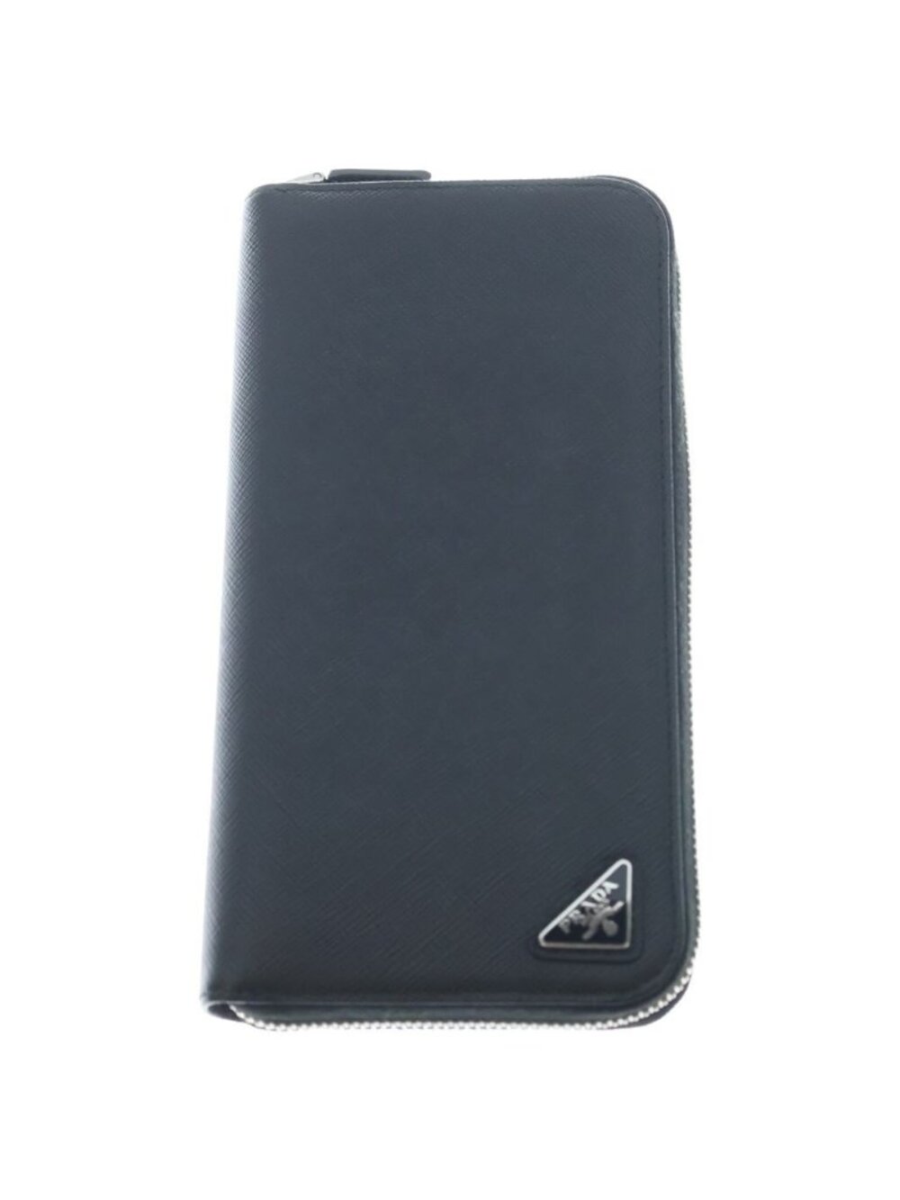 Prada Logo Zip Around Wallet Round Zip Triangle Plate Black Saffiano Leather